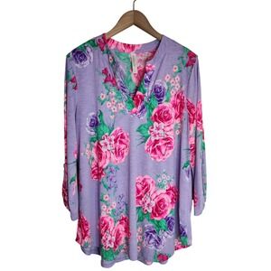 Dear Scarlett Tunic Top Women's Large Floral Long Sleeve Purple Pink